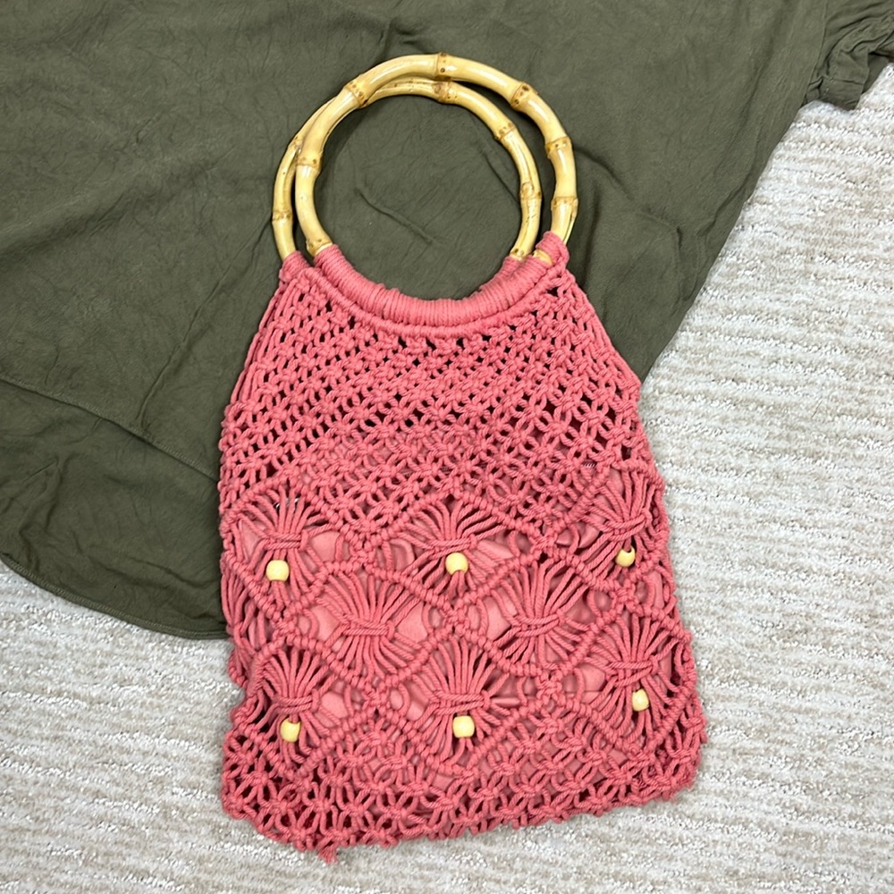 Topshop Sami Salmon Macrame Crochet Tote Bag Bamboo Handles Boho